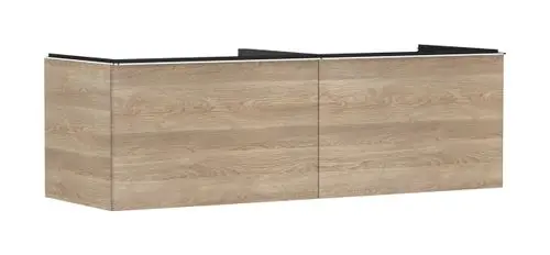 Waschtischunterschrank von Hansgrohe in Eiche-Optik mit zwei Schubkästen, geeignet für Konsolen und Aufsatzwaschtische, zeigt eine natürliche Holzstruktur.